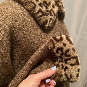 Alexandra Bartlett ~ Medium ~Wool Sweater Jacket, w/Leopard Print Collar + Cuffs